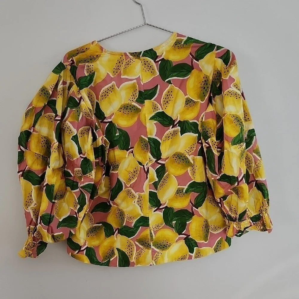 Farm Rio Fresh Lemons Puff Sleeves Shirt Womens Small Yellow Tropical Boho NWT